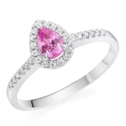 18ct White Gold Diamond Pink Sapphire Pear Shaped Halo Ring