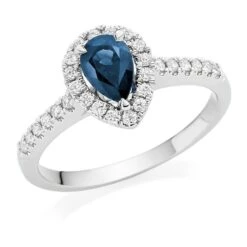 18ct White Gold Diamond Sapphire Pear Shaped Halo Ring